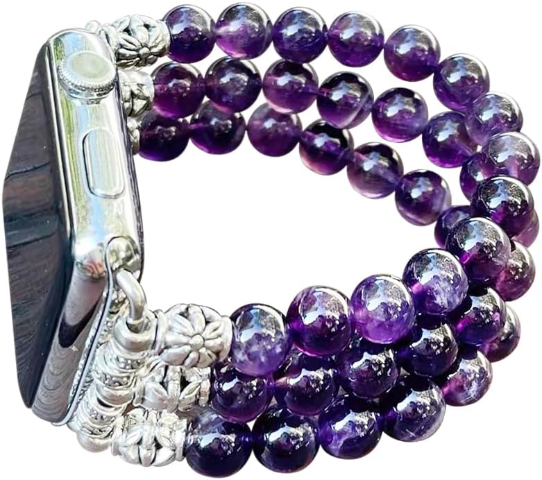 Handmade Amethyst Bracelet Compatible for Apple Watch Band 40mm/38mm/41mm Series 9 8 7 SE Series 6/5/4 Women Fashion Natural Gemstone Stretchy Watch Strap (38mm/40mm/41mm) - Image 1